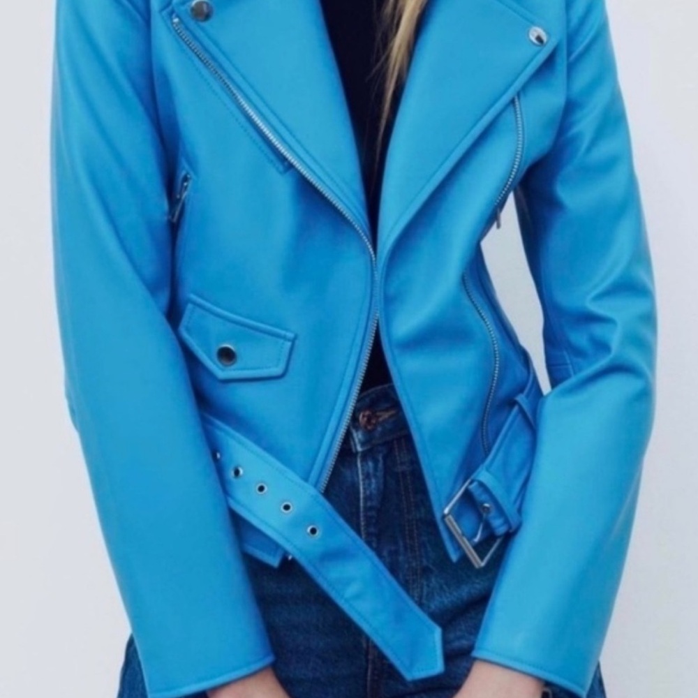 ZARA Faux Leather Blue Moto Jacket XS Biker Blogger Favorite TikTok Style - Picture 12 of 15
